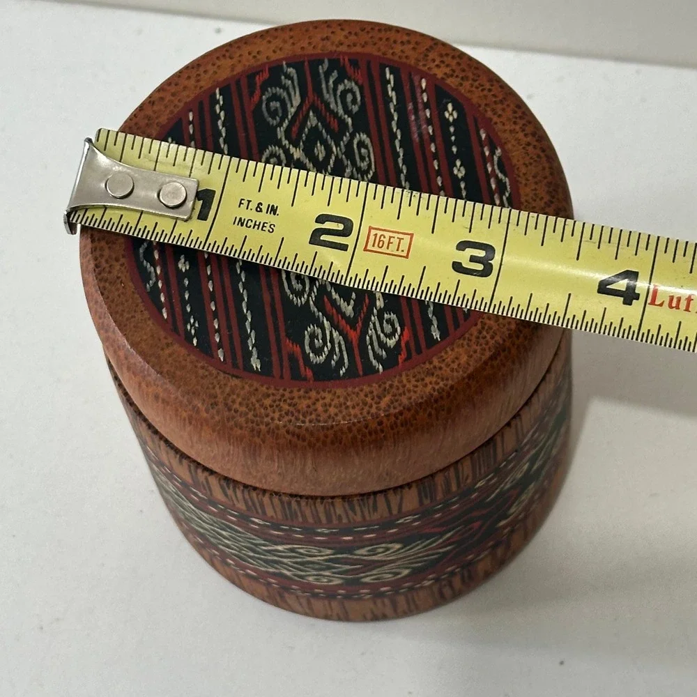 Vintage Wooden Trinket Box Match Holder Ornate Textile Inlay Lid Container‎
